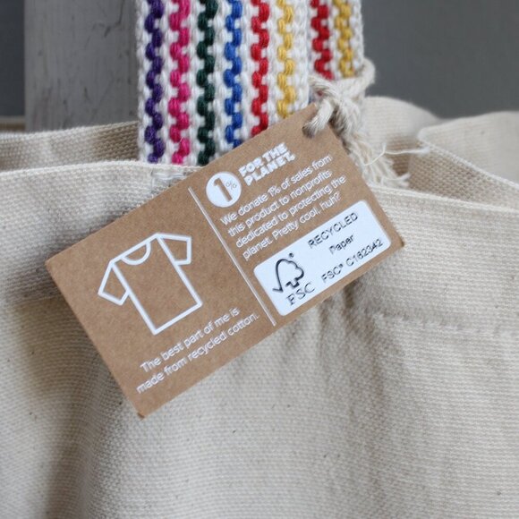 POSHMARK 'Shop Secondhand ' Cream Tan Rainbow Strap Canvas Tote Bag NWT - Picture 3 of 5